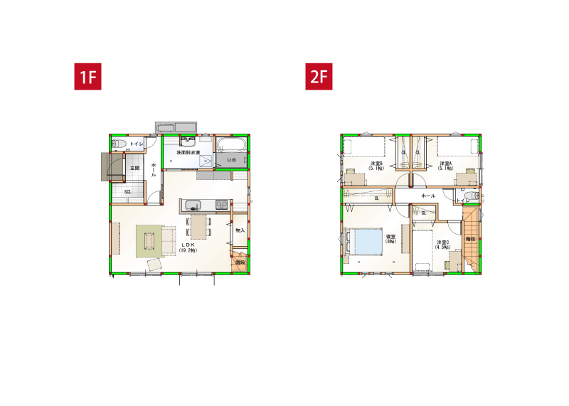 水回りを近くすることで家事導線を短くしました♪各部屋に収納付きで空間をすっきりさせられます！