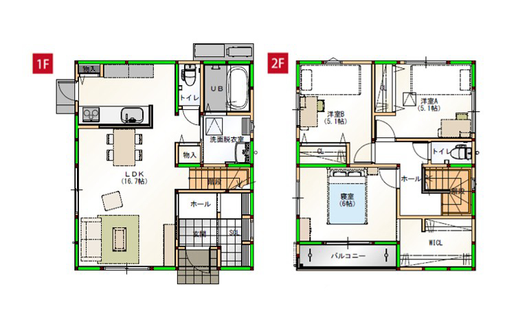 水回りを近くすることで家事導線を短くしました♪各部屋に収納付きで空間をすっきりさせられます！