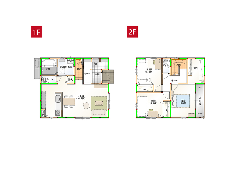 水回りを近くすることで家事導線を短くしました♪各部屋に収納付きで空間をすっきりさせられます！