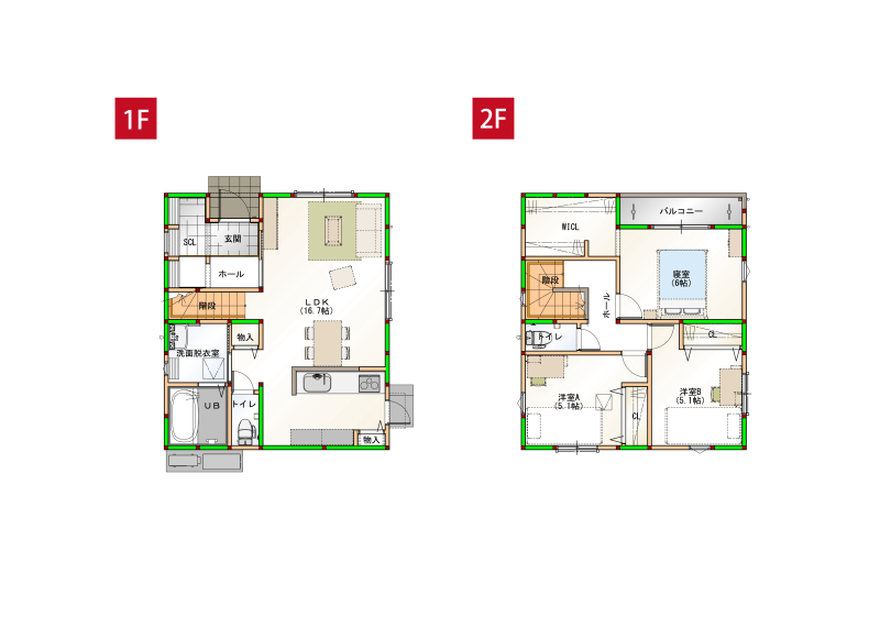 水回りを近くすることで家事導線を短くしました♪各部屋に収納付きで空間をすっきりさせられます！