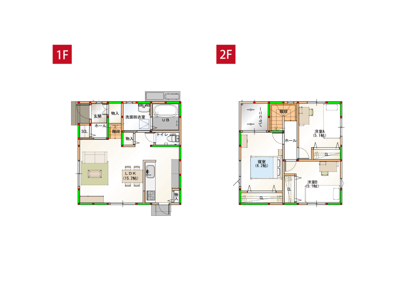 水回りを近くすることで家事導線を短くしました♪各部屋に収納付きで空間をすっきりさせられます！
