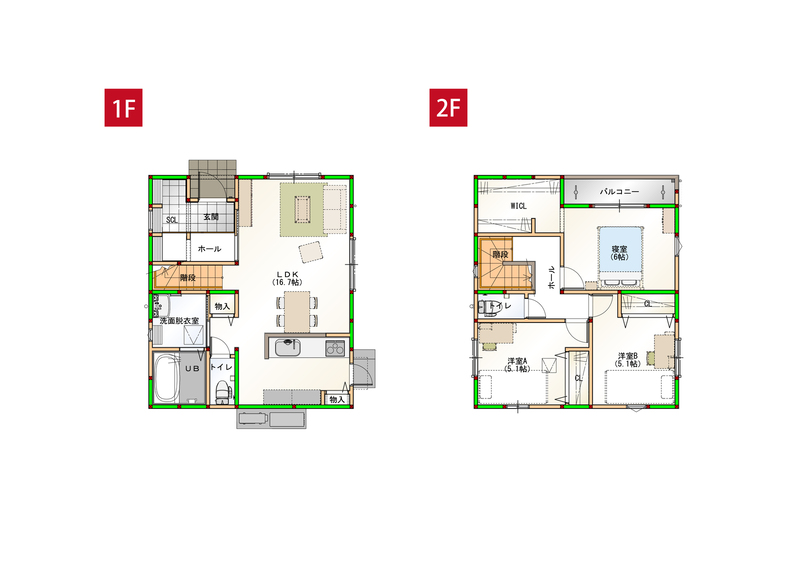 水回りを近くすることで家事導線を短くしました♪各部屋に収納付きで空間をすっきりさせられます！