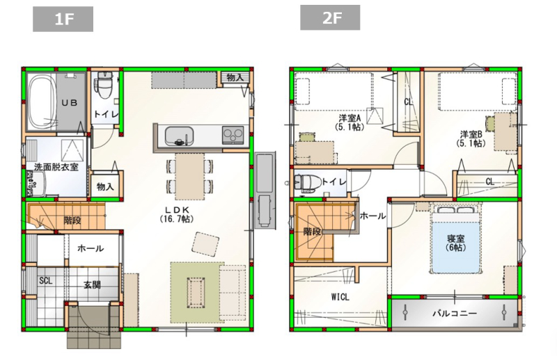水回りを近くすることで家事導線を短くしました♪各部屋に収納付きで空間をすっきりさせられます！